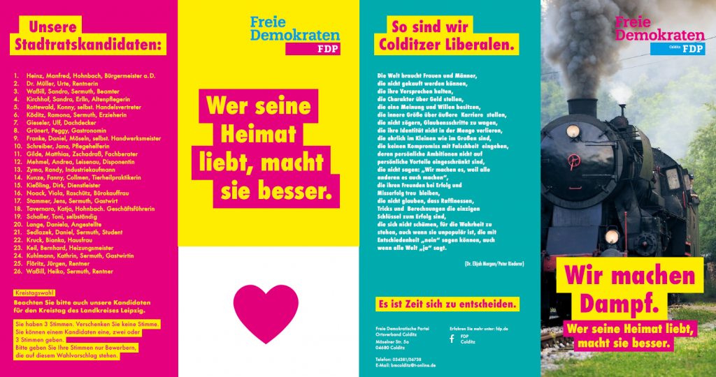 "Wir machen Dampf. Wer seine Heimat liebt, macht sie besser.  " - Das Wahlprogramm der Colditzer FDP  