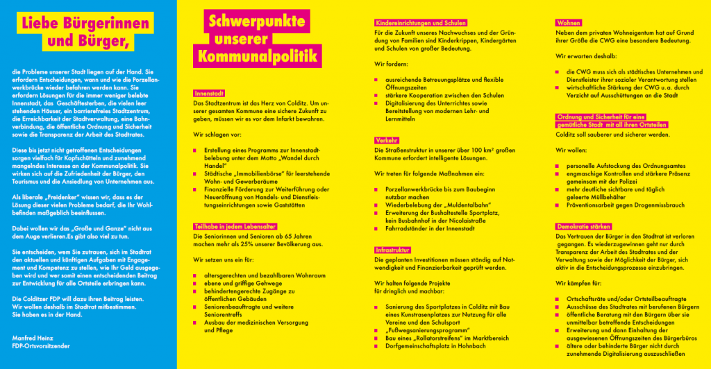 "Wir machen Dampf. Wer seine Heimat liebt, macht sie besser.  " - Das Wahlprogramm der Colditzer FDP  