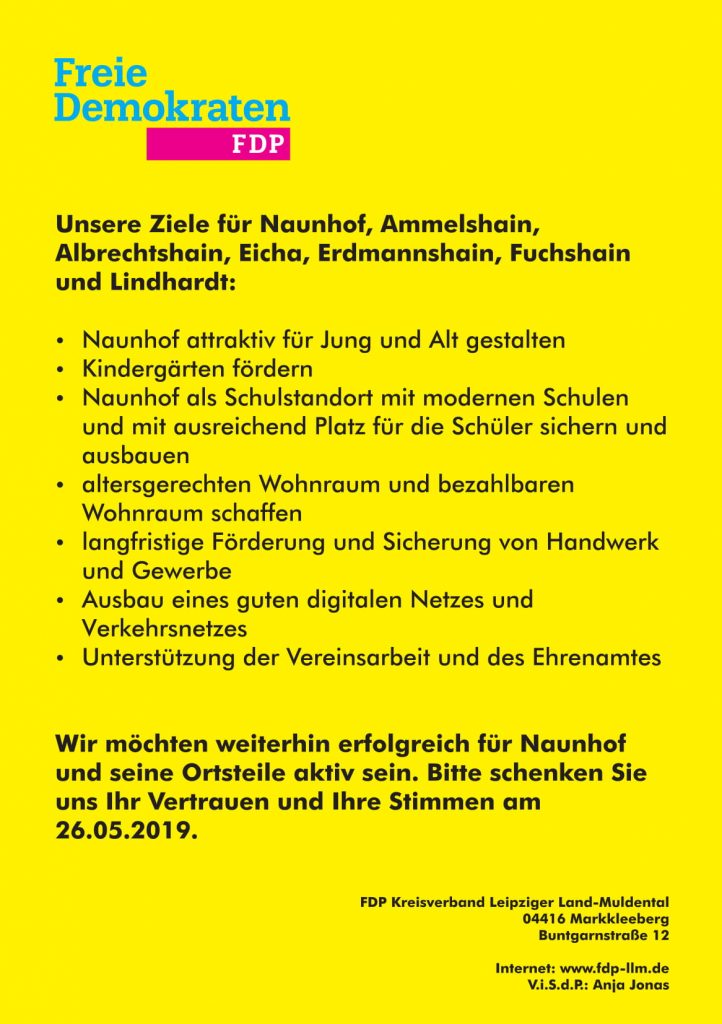  "Kompetenz, Transparenz und Leidenschaft für Naunhof und seine Ortsteile" - Das Wahlprogramm der Naunhofer FDP 